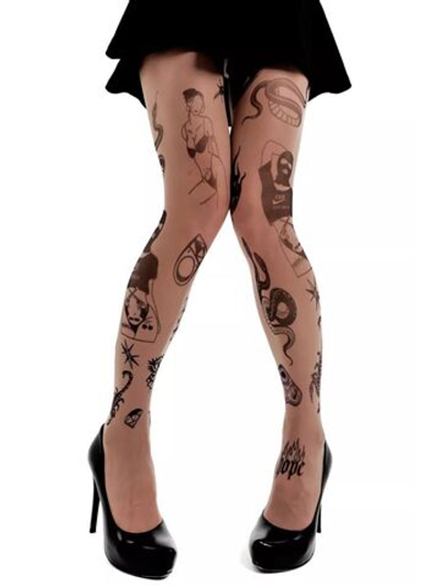 Колготки с принтом в виде мини-тату (Размер: S-M-L) (Цвет: бежевый)