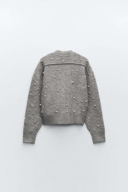 ZARA ТРИКОТАЖНЫЙ БОМБЕР С ИСКУССТВЕННЫМ ЖЕМЧУГОМ, МЯГКИЙ СЕРЫЙ