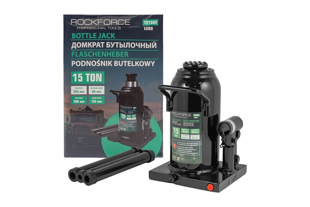 Домкрат гидравлический RF-T91504EURO бутылочный с клапаном 15т (выс.подъема 230-460мм) ROCKFORCE