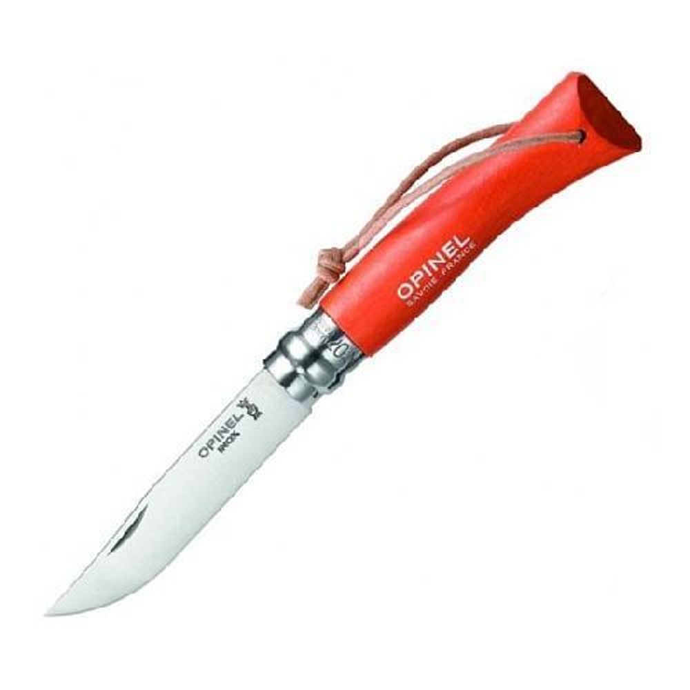 Нож Opinel №8 Trekking, нержавеющая сталь, кожаный темляк, красный, 001705