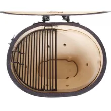 Керамический угольный гриль Primo Oval 300 (Family), 56 см, на столе из лиственницы