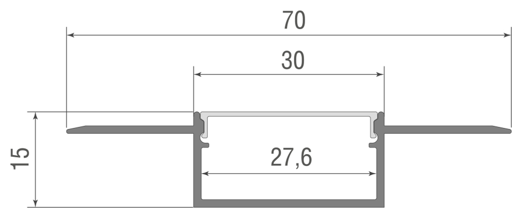 Встраиваемый алюминиевый анод. профиль под шпаклевку,  70х15х2000мм. В комплекте матовый экран,  4 торцевые заглушки,  алюминий