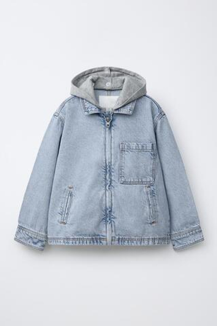 ZARA ДЖИНСОВАЯ КУРТКА-РУБАШКА СО СЪЕМНЫМ КАПЮШОНОМ, ВЫЦВЕТШИЙ СИНИЙ