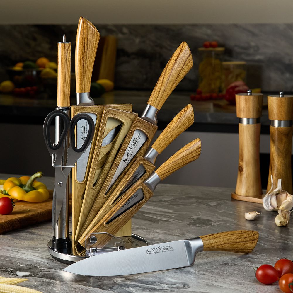 НАБОР НОЖЕЙ AGNESS С НОЖНИЦАМИ И МУСАТОМ НА ПЛАСТИКОВОЙ ПОДСТАВКЕ, 8 ПРЕДМЕТОВ (КОР=6НАБОР.)