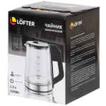 Чайник электрический Lofter, A03, 2 л, 1500 Вт, скрытый нагревательный элемент, подсветка, стекло