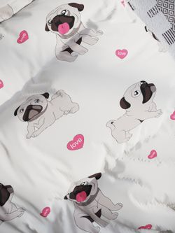Постельное белье Полисатин Мечта "Мопсики" 2-спальное Наволочка 50х70 см 2 шт Простынь на резинке 160x200 см Пододеяльник 175x215 см