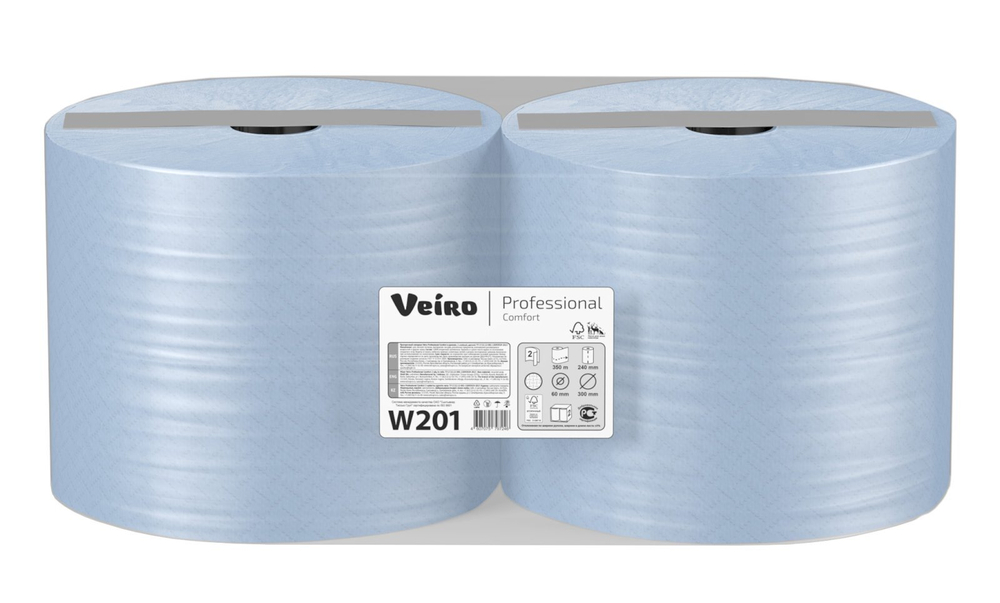 Протирочный материал Veiro Professional Comfort W201, 2-слойный, синий, 1000 листов, 2 рулона в упаковке
