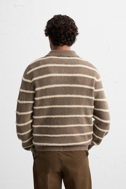 ZARA СВИТЕР ИЗ РЕЛЬЕФНОЙ ТКАНИ В ПОЛОСКУ С ВОРОТНИКОМ ПОЛО, РЫЖЕВАТО-КОРИЧНЕВЫЙ