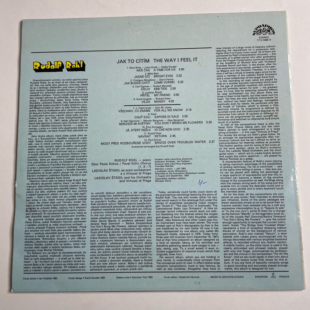Винтажная виниловая пластинка LP Rudolf Rokl Jak To CitimThe Way I Feel It (Чехословакия 1985)