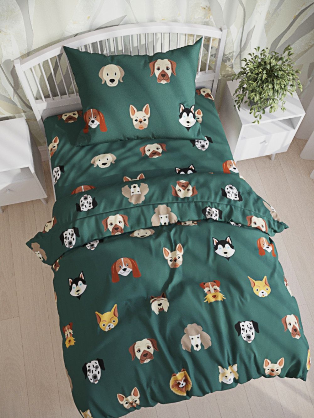 Постельное белье перкаль Сказка "Dogs " 1,5-сп Наволочка 50х70 см 1 шт Простынь на резинке 90x200 см Пододеяльник 145x215 см