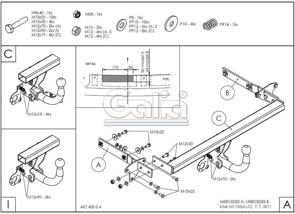 Фаркоп оцинкованный Galia M113A для Mercedes A-Class w169 2004-2012, Mercedes B-Class w245 2005-2011(паспорт и сертификат в комплекте)(без электрики)