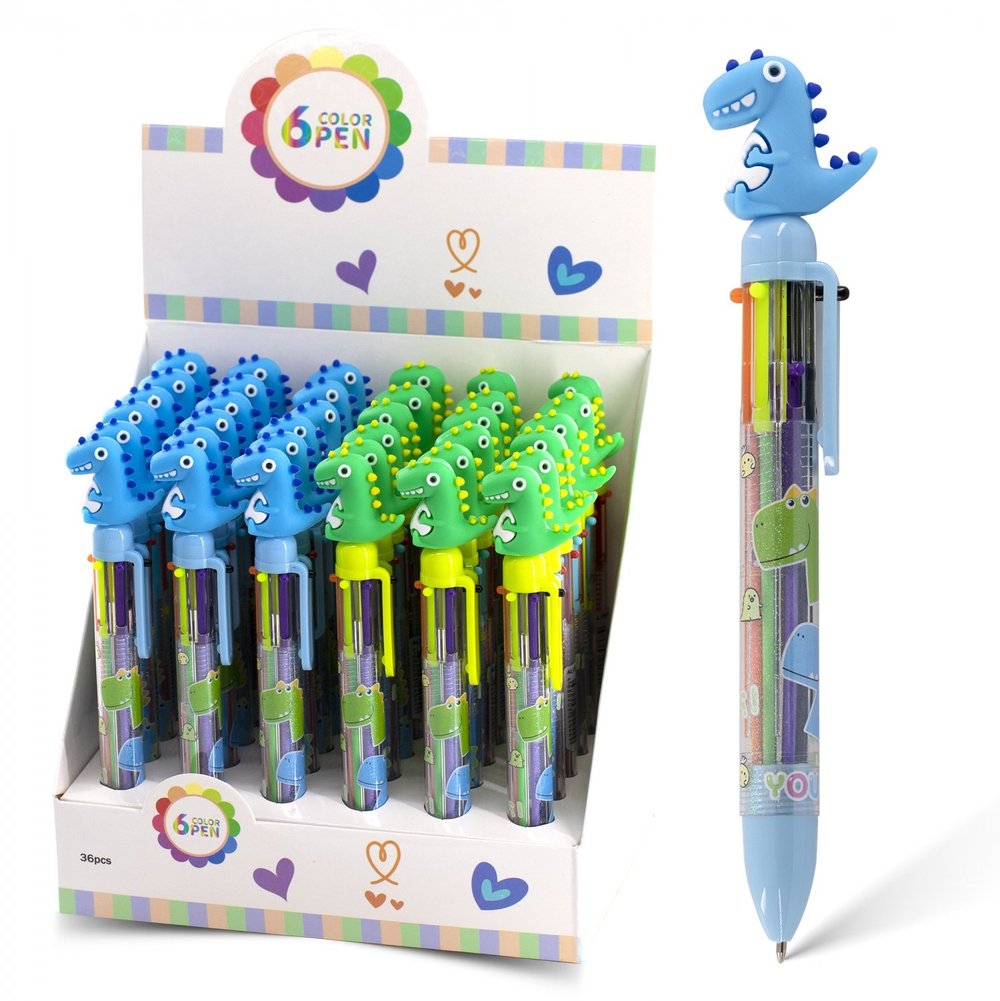 Ручка шариковая Alingar, "Dino", 0,7 мм, 6 цветов, автоматическая, круглый, цветной, пластиковый корпус, карт. уп.