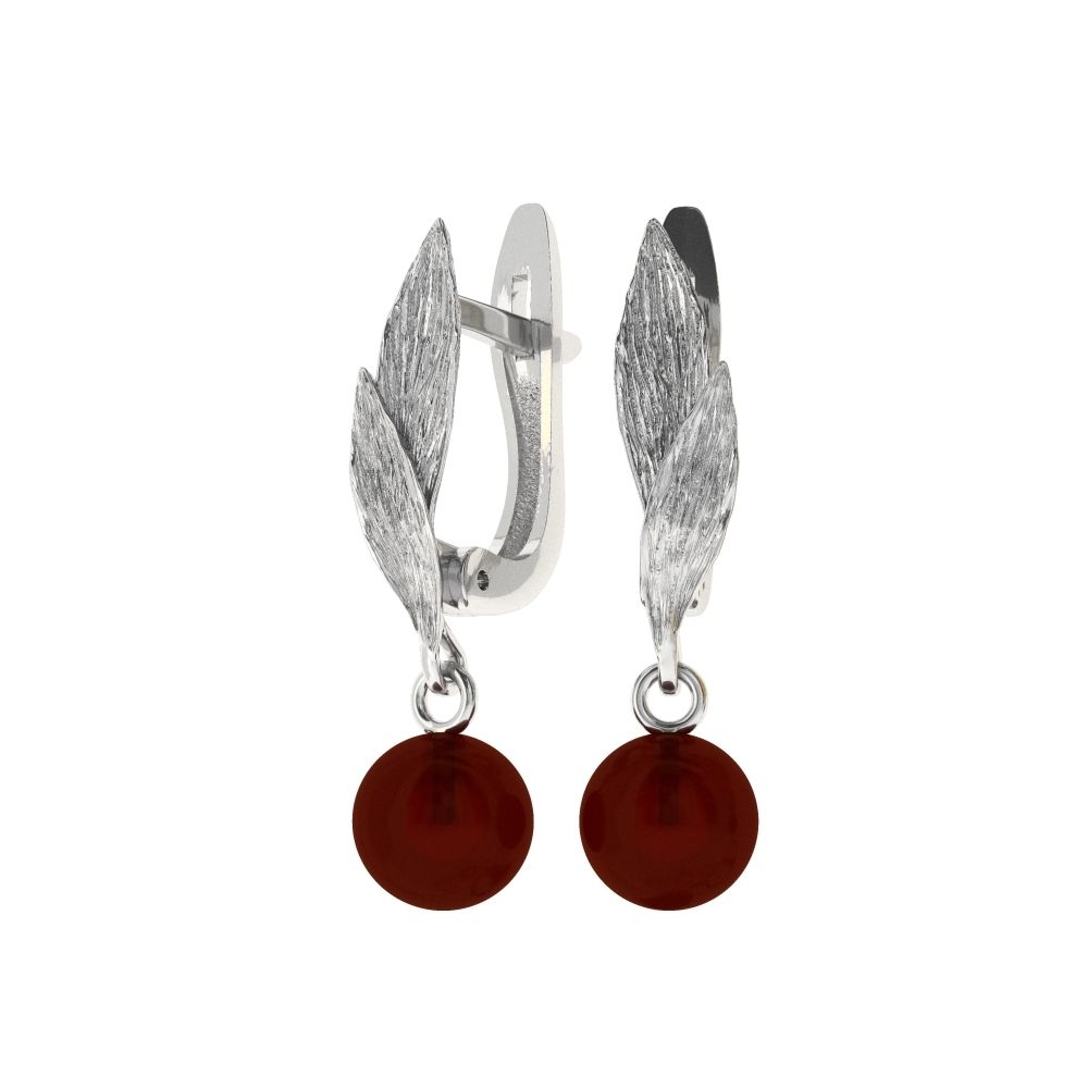 Серьги Лист с подвесом шар с вишневым янтарем