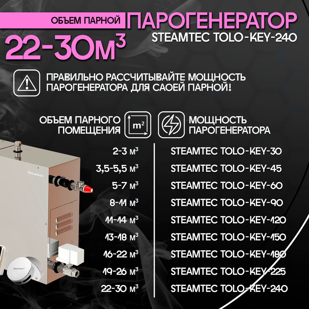 Парогенератор для хамама и турецкой бани Steamtec TOLO-240-KEY, 24 кВт (стандартный модуль управления)
