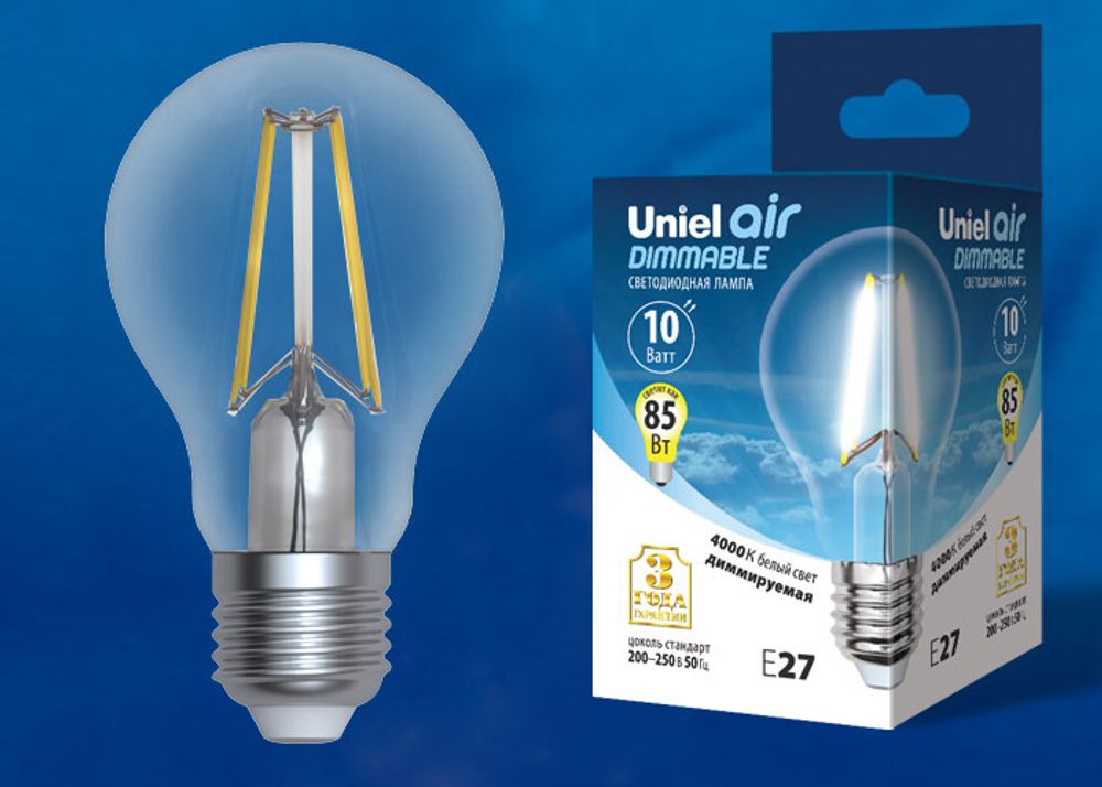 LED-A60-10W/4000K/E27/CL/DIM GLA01TR Лампа светодиодная диммируемая. Форма А, прозрачная. Серия Air. Белый свет (4000K). Картон. ТМ Uniel.