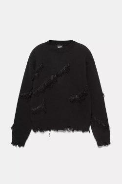 PULL&BEAR Рваный свитер с бахромой, черный