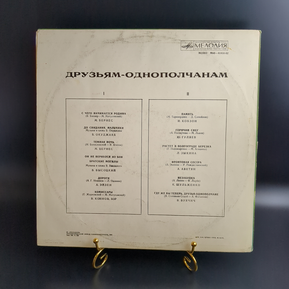 LP Сборник друзьям - однополчанам. Бернес, Зыкина, Эйзен, Гуляев, Аветян, Вуячич. Виниловая пластинка 12 дюймов. Мелодия СССР 1981 год.