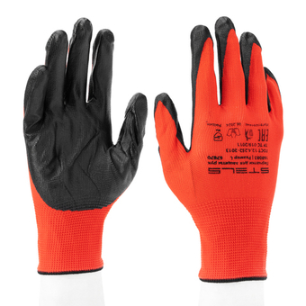 Перчатки полиэфирные с черным нитрильным покрытием маслобензостойкие, L, 15 класс вязки Stels