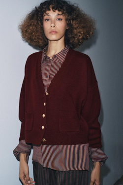 ZARA КАРДИГАН ИЗ 100% ШЕРСТИ С ЗОЛОТИСТЫМИ ПУГОВИЦАМИ, ГРАНАТОВЫЙ