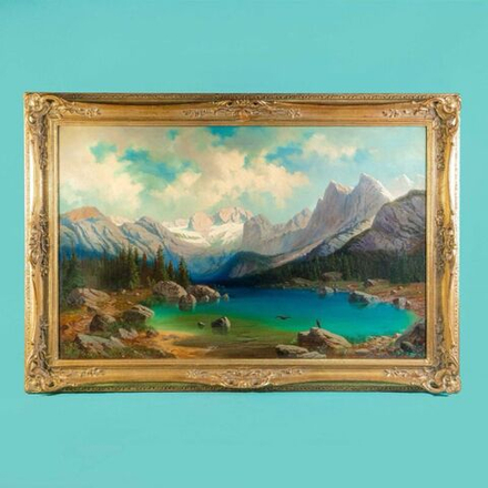 Винтаж: Картина «Бирюзовое озеро с панорамой Альп»