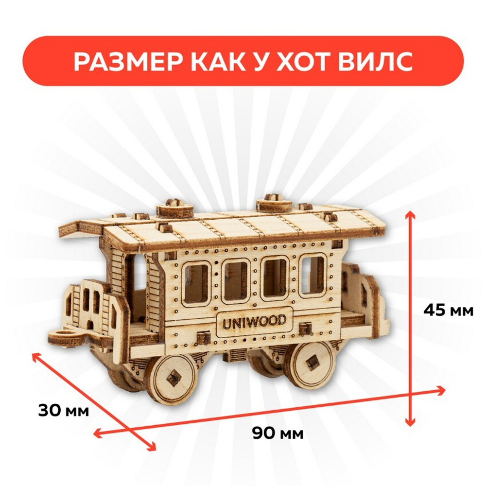 UNIT "Пассажирский вагон" с дополненной реальностью. Купить деревянный конструктор. Выбрать открытку-конструктор. Миниатюрная сборная модель.