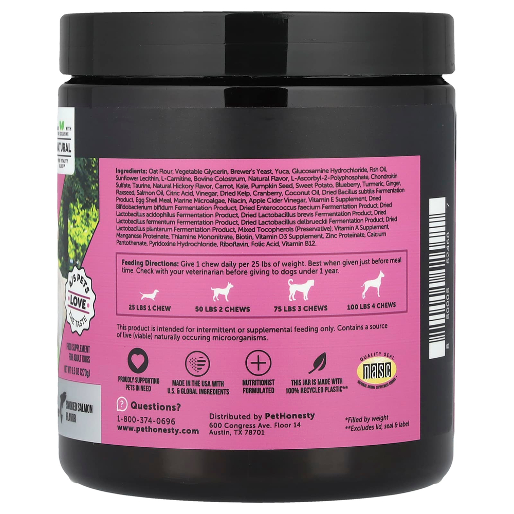 Pet Honesty, Мультивитамины, максимальная сила действия, для взрослых собак, с копченым лососем, 90 жевательных таблеток, 270 г (9,5 унции)