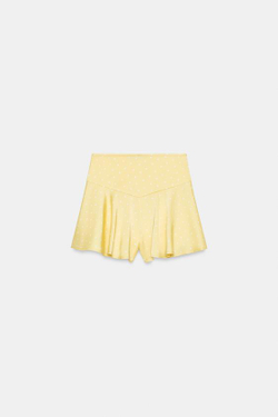 ZARA АТЛАСНЫЕ ШОРТЫ С ВОЛАНАМИ, С ПРИНТОМ