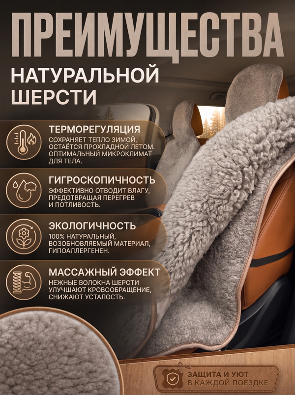 Накидки (2шт) чехлы на сиденье из овечьей шерсти 85%