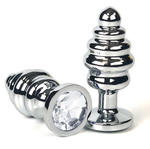 Серебристая ребристая анальная пробка с прозрачным кристаллом - 7 см. (Цвет: прозрачный)