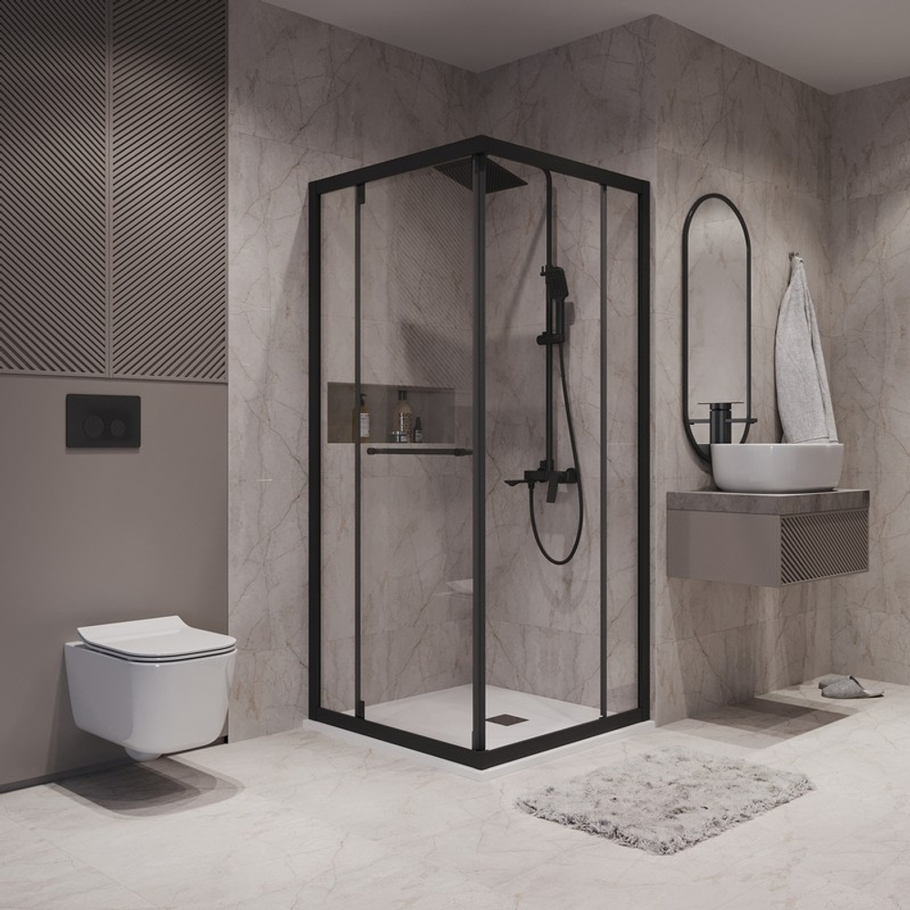 Душевое ограждение Niagara Nova NG-6835-34ВLACK (100х100х195) квадрат,черный матовый,двери раздвижные,стекло прозрачное,1 место