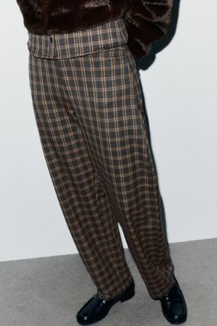 ZARA БРЮКИ BALLOON В КЛЕТКУ, СЕРО-КОРИЧНЕВЫЙ