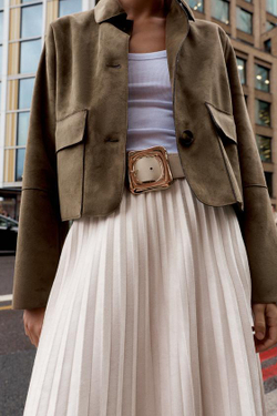 ZARA ПЛИССИРОВАННАЯ ЮБКА-МИДИ ПОД ЗАМШУ С ПОЯСОМ, ПЕСОЧНЫЙ