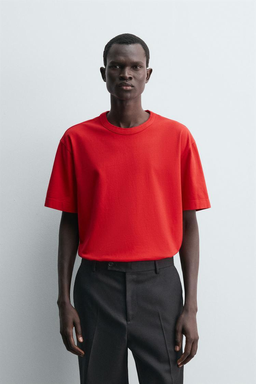 ZARA ФУТБОЛКА СВОБОДНОГО КРОЯ С ОТДЕЛКОЙ В РУБЧИК, КРАСНЫЙ