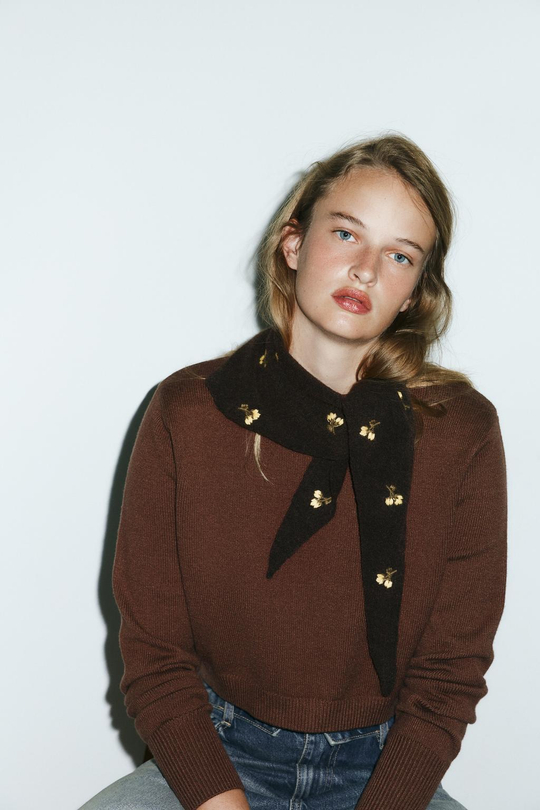 ZARA ТРИКОТАЖНАЯ БАНДАНА С ЦВЕТОЧНОЙ ВЫШИВКОЙ, КОРИЧНЕВЫЙ