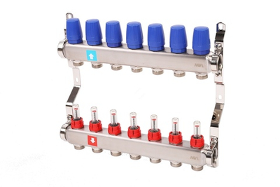 Коллекторная группа в сборе из нерж. стали с расходомерами 1" х 7 вых. Eвроконус 3/4 MVI