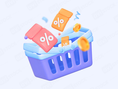 3D иллюстрация купонов и скидок в корзине для онлайн-магазина