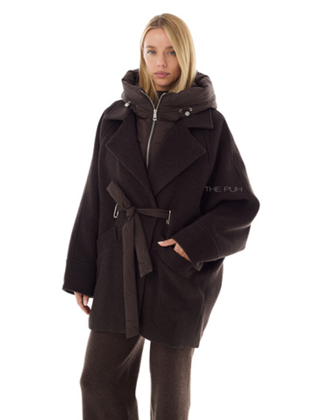 Шоколадное пальто-летучая мышь со съемной манишкой и поясом