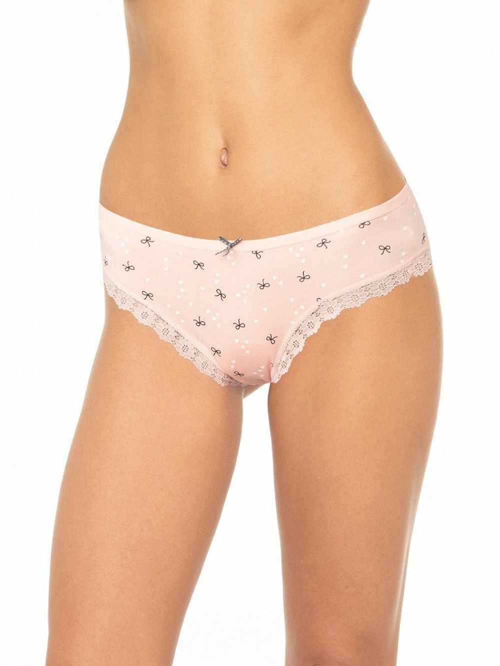 Трусики-слипы с кружевной оторочкой и принтом в виде бантиков и сердечек (Размер: M) (Цвет: серый)
