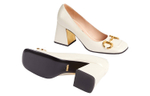 GUCCI Gucci leather gold tone horse collar buckle square heel high heels women's white