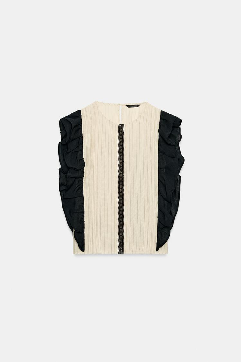 ZARA БЛУЗА В ПОЛОСКУ С ВОЛАНАМИ, ЧЕРНЫЙ/ЭКРЮ