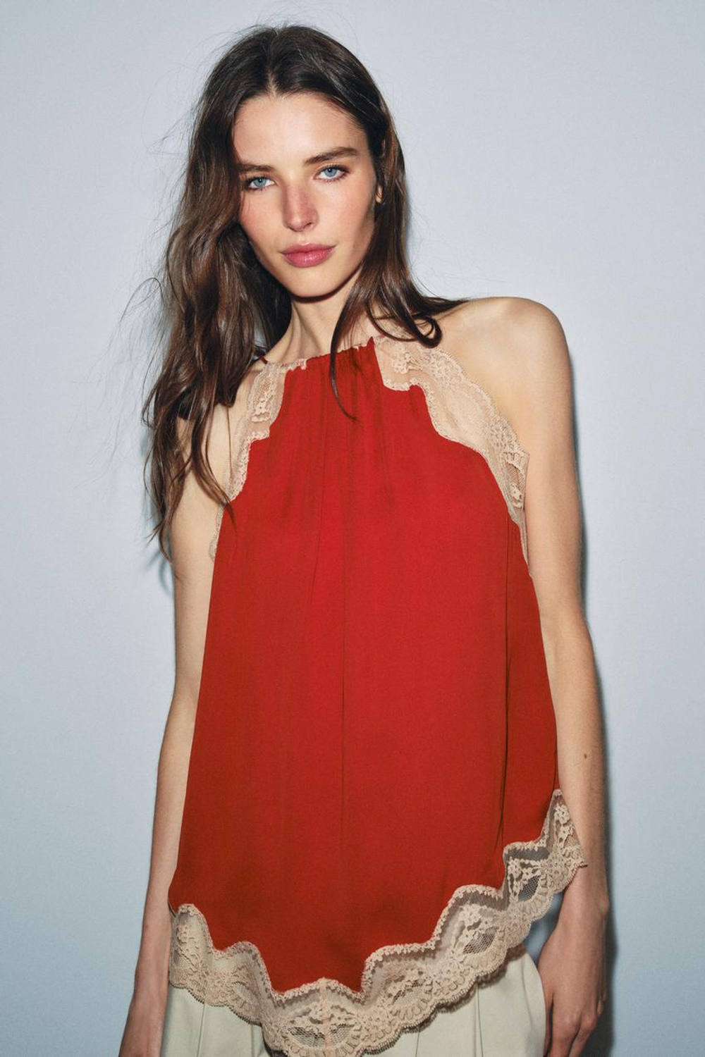 ZARA КРУЖЕВНОЙ ТОП ХАЛТЕР — ZW COLLECTION, ТЕМНЫЙ ЧЕРЕПИЧНЫЙ