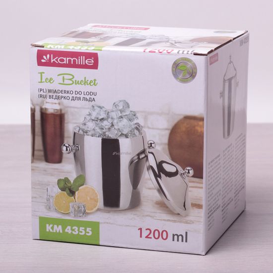 Ведро для льда 1200 мл. с крышкой Kamille KM 4355 из нержавеющей стали с двумя ручками