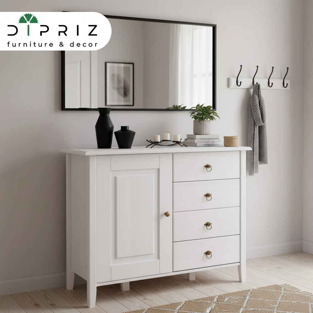 Dipriz Комод Боцен из сосны, 4 ящика 1 дверь, на ножках, 103х43х79 см, белый воск