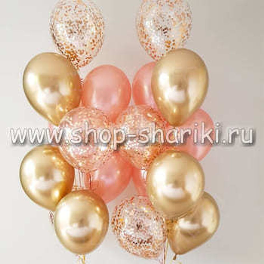 фонтан из шаров розовое золото золото хром и шары с золотым конфетти