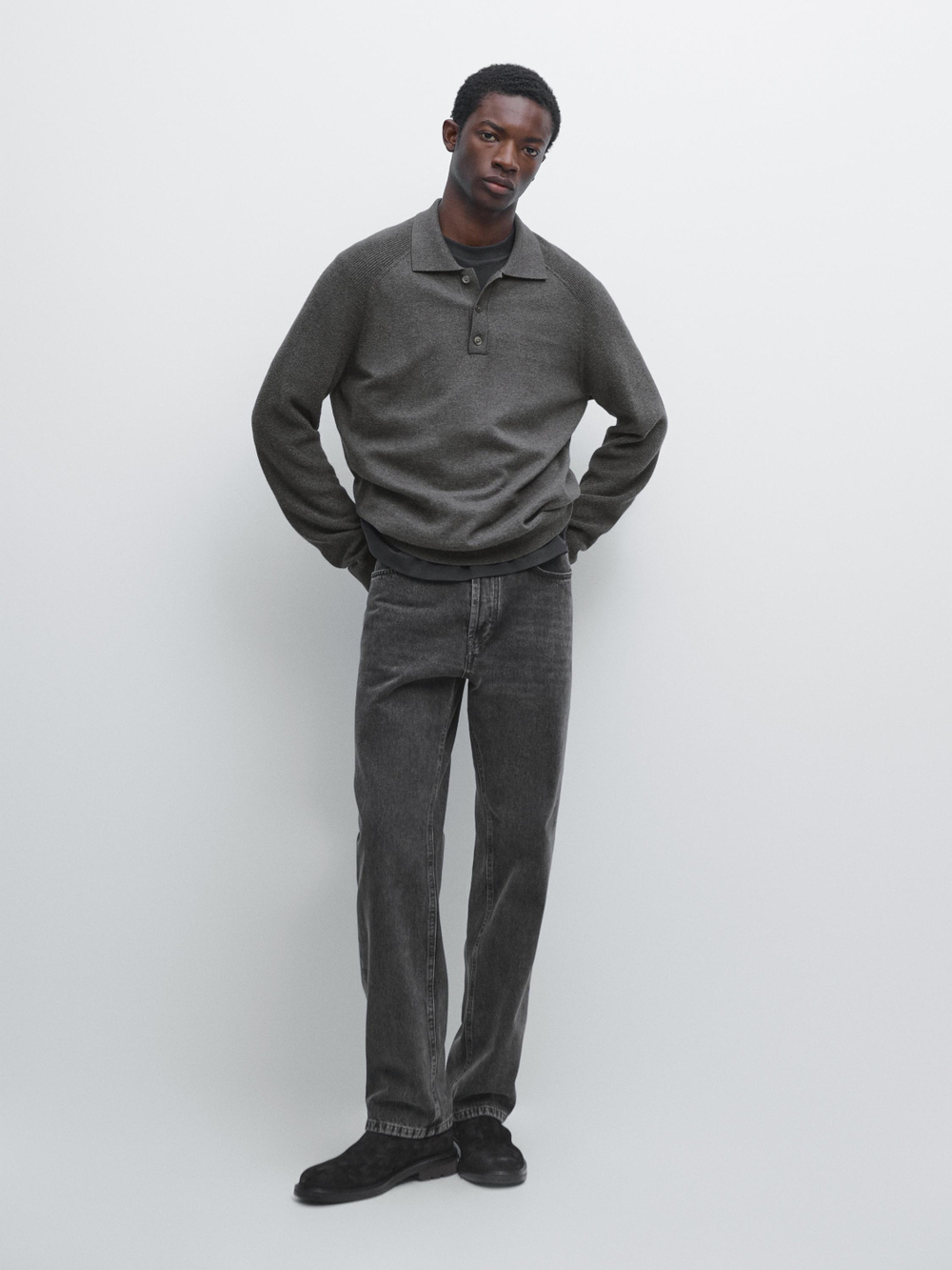 Massimo Dutti Трикотажный свитер-поло из смесового хлопка, серый