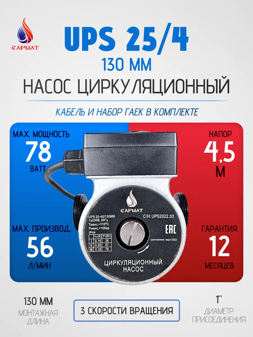 Насос циркуляционный САРМАТ SR 25-40/130 (CN) (кор.8шт)