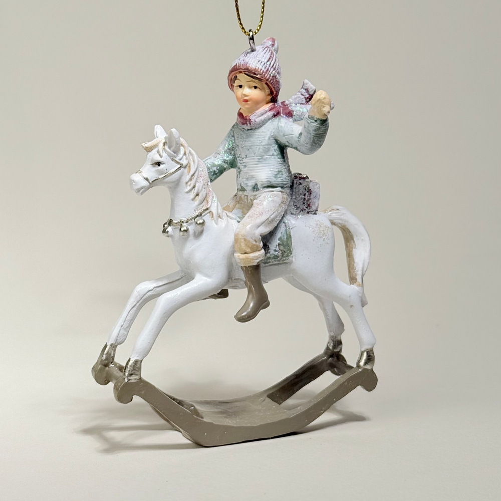 Украшение подвесное Мальчик на лошадке (полирезин), H12x9x4,5см, розовый