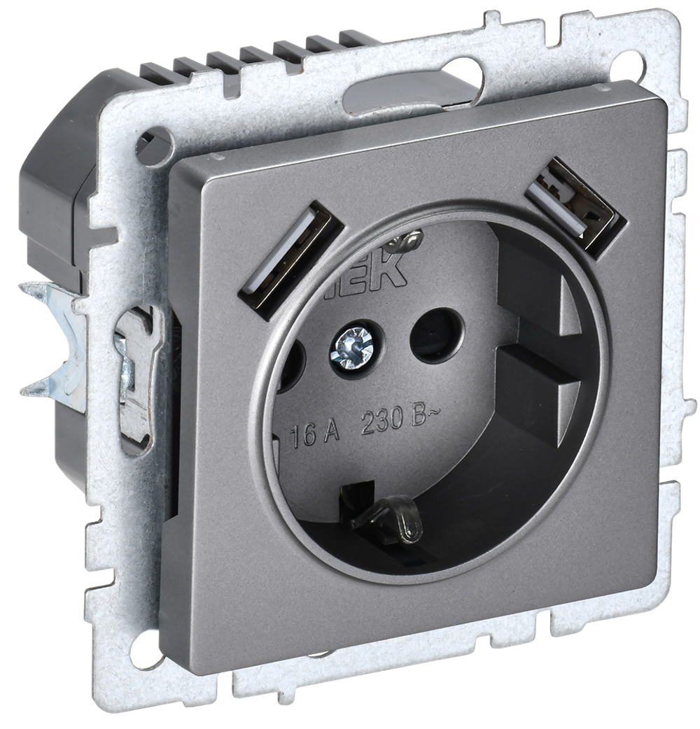 BRITE Розетка 1-местная с заземлением с защитными шторками 16А с USB A+A 5В 2,1А РЮш10-1-БрС сталь IEK