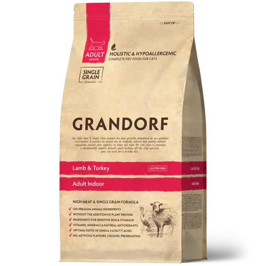 Сухой низкозерновой корм GRANDORF CAT Lamb&Turkey INDOOR корм для взрослых кошек, ягненок и индейка 0,4кг
