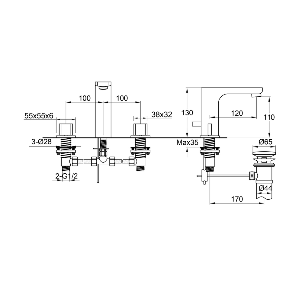 Смеситель для раковины Steinberg Серия 200 на 3 отверстия с 90° керамическими вентилями, со сливным гарнитуром 1 1/4“, хром 200 2001